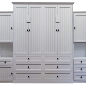 Price as shown $7,573. Price includes Queen size Hampton Wall Bed in Paint Grade Wood / White Finish, Left 18" Hutch Door and Drawer, Right 18" Hutch 3 Drawer, and LED Wallbed Lighting System. Shipping Sale! For a limited time, Wilding Wallbeds will pay up to $400 of your shipping.